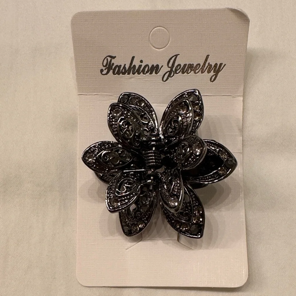 NEW! JAW CLAW HAIR CLIP RHINESTONES 1 1/2” STRONG ALLOY Gunmetal UPDO ACCESSORY
